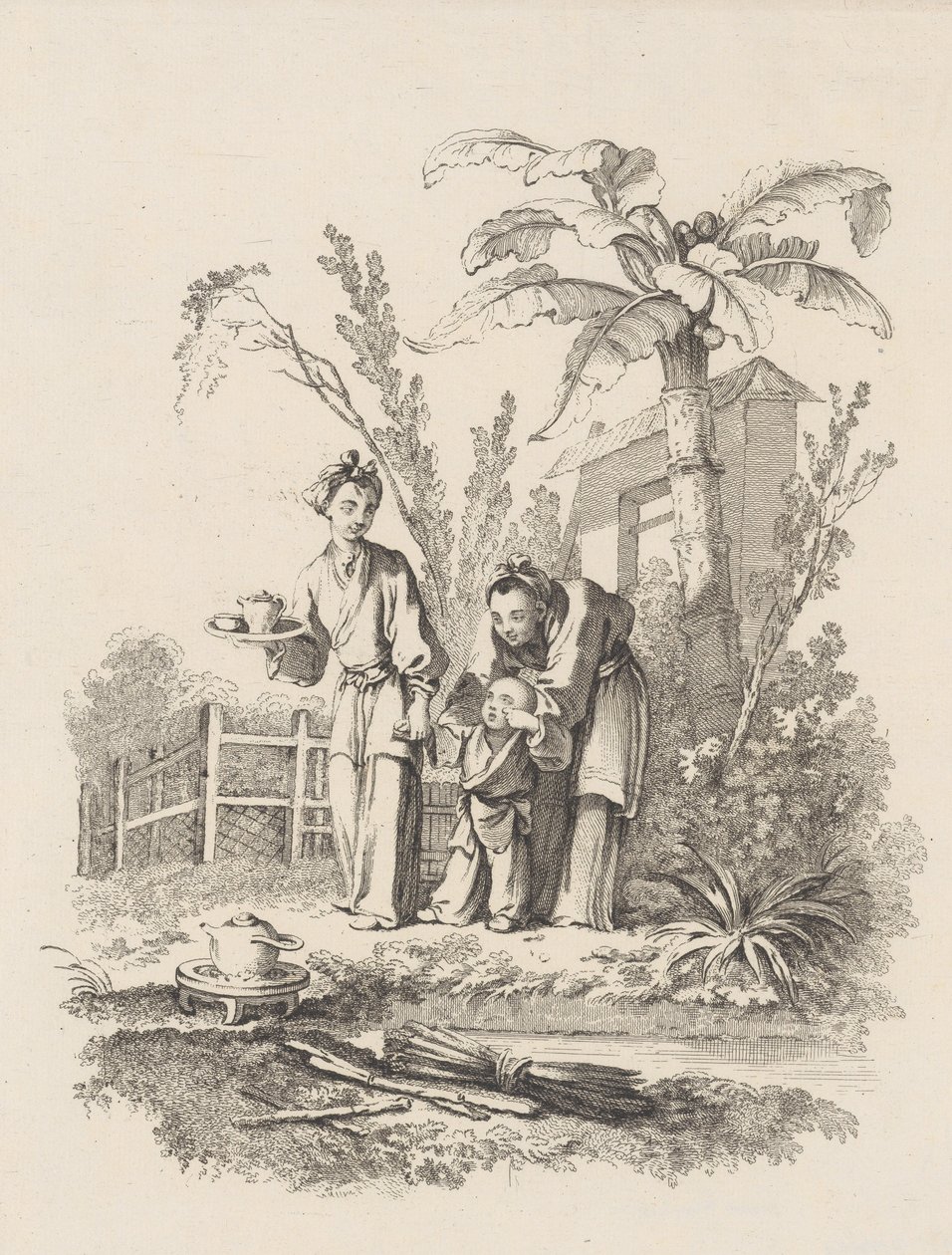 Zwei Frauen führen ein Kind zu einer Teekanne auf einem Tisch in der Nähe eines Teiches, ca. 1742 von Gabriel Huquier