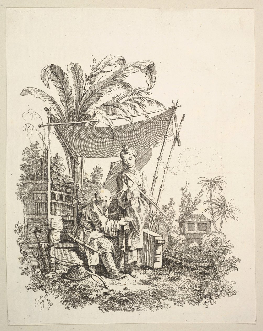 Frau zeigt einem Soldaten Kuriositäten, ca. 1742 von Gabriel Huquier
