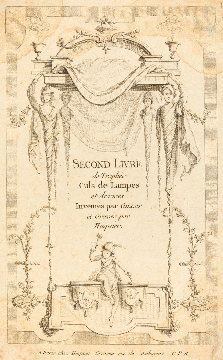 Zweites Buch der Trophäen, Schlussstücke und Devise: Titelseite von Gabriel Huquier after Claude Gillot