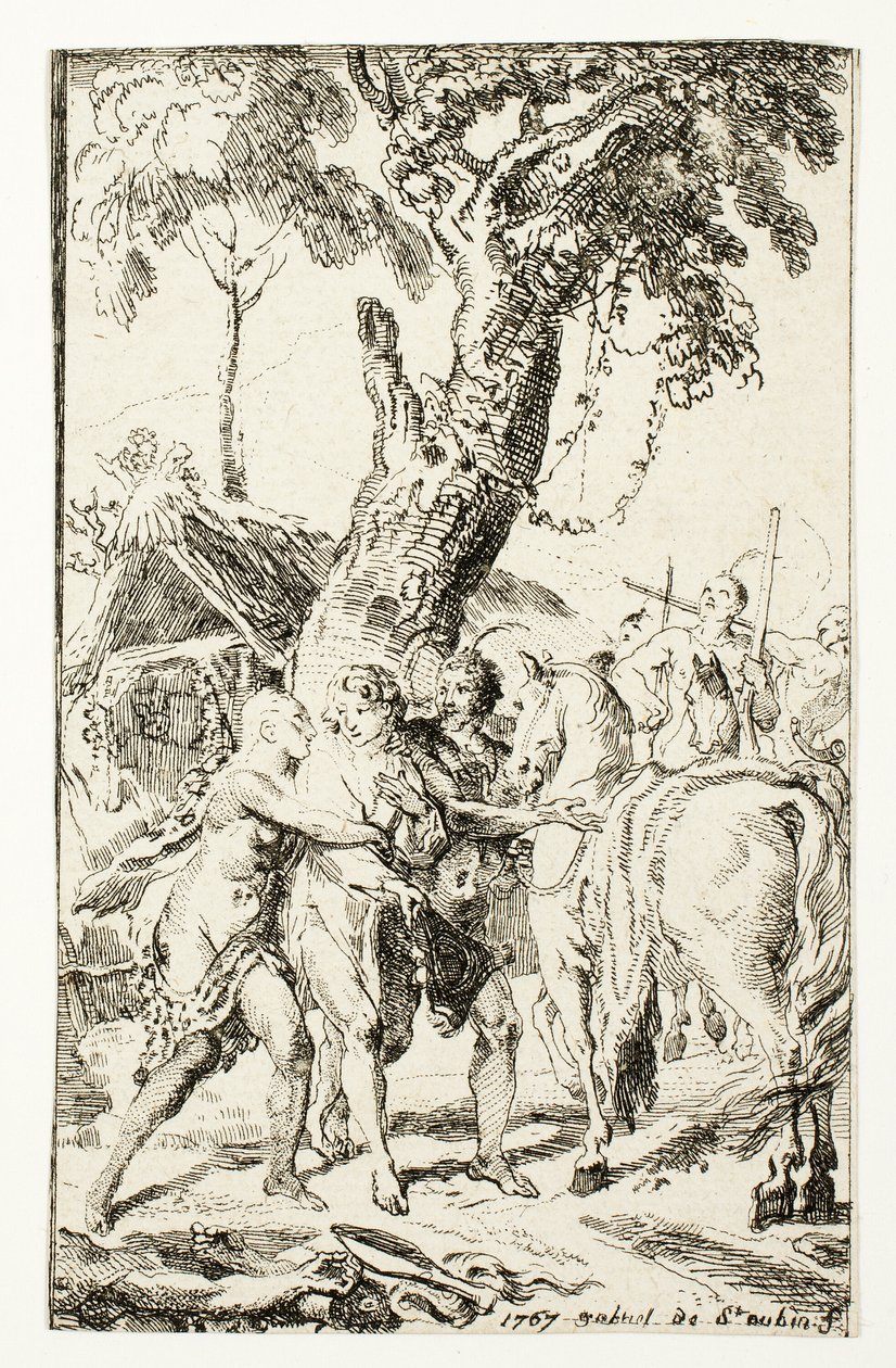 Die Flucht von M. de Belle-Isle, Gefangener in den Attakapas, Platte vier aus Les Nouveaux Voyages aux Indes Occidentales von Gabriel Jacques de Saint Aubin
