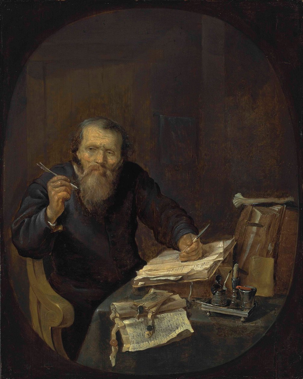 Ein Notar, der in einem Innenraum seine Feder spitzt von Gabriel Metsu