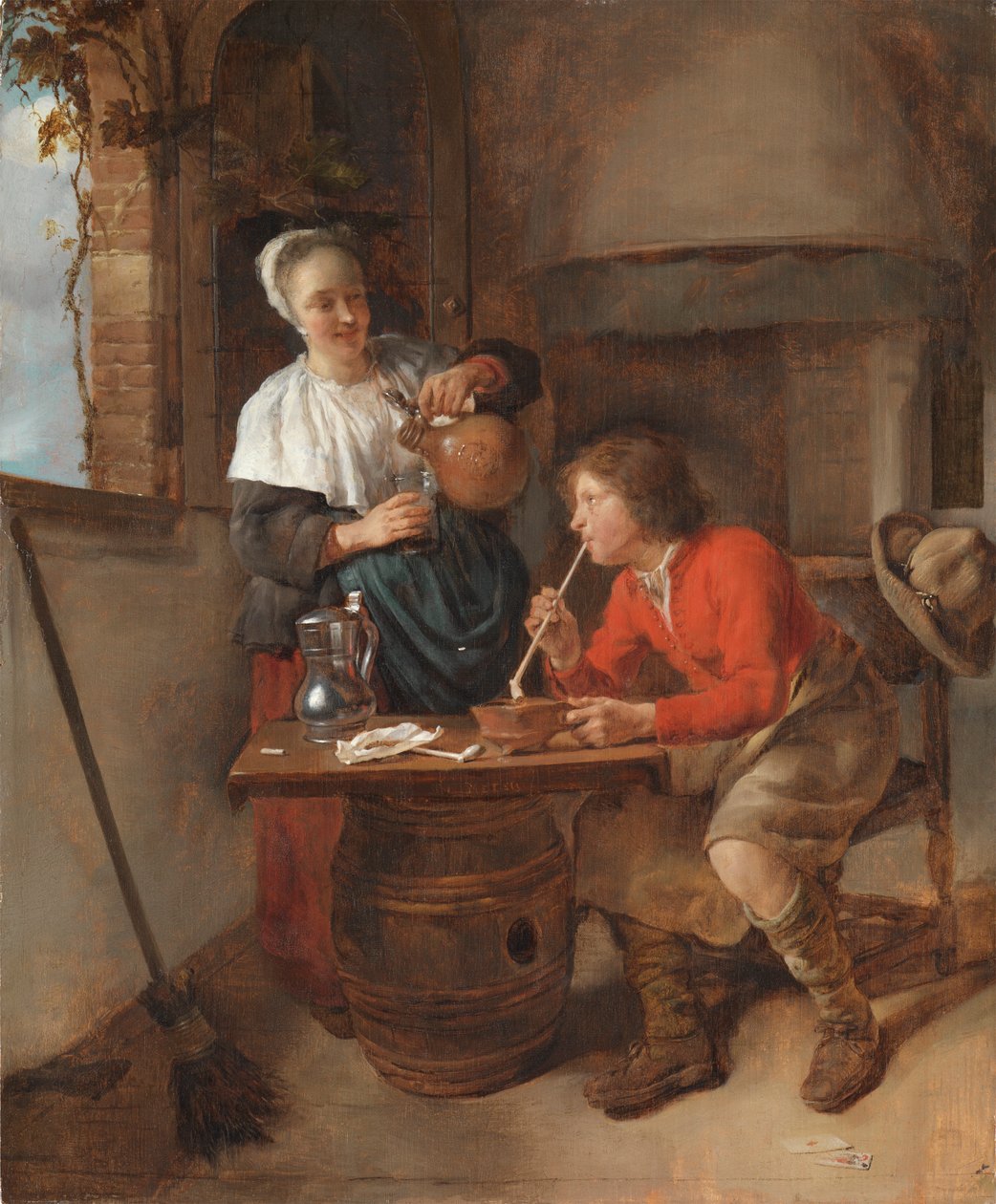 Junger Mann raucht und eine Frau schenkt Bier ein von Gabriel Metsu