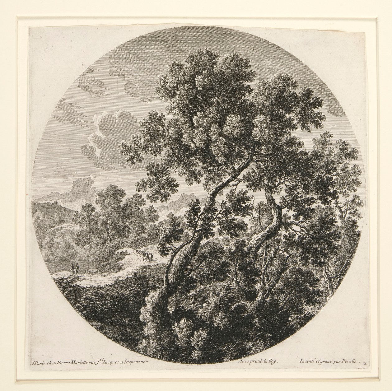 Landschaft mit zwei Reisenden und einer Burg; und Hirte, Schafe und Rinder in einer Landschaft, aus einer Serie von sechs Landschaften von Gabriel Perelle