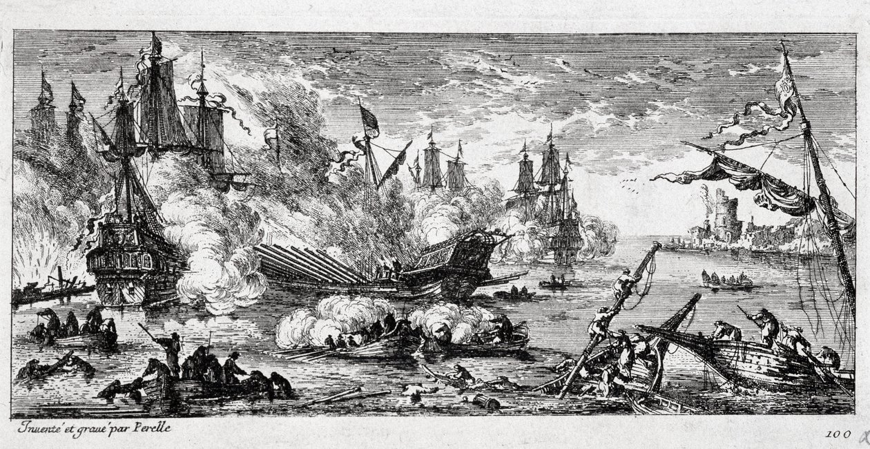 Seeschlacht von Agosta zwischen der französischen Flotte und einer spanisch-niederländischen Allianz am 22. April 1676 von Gabriel Perelle