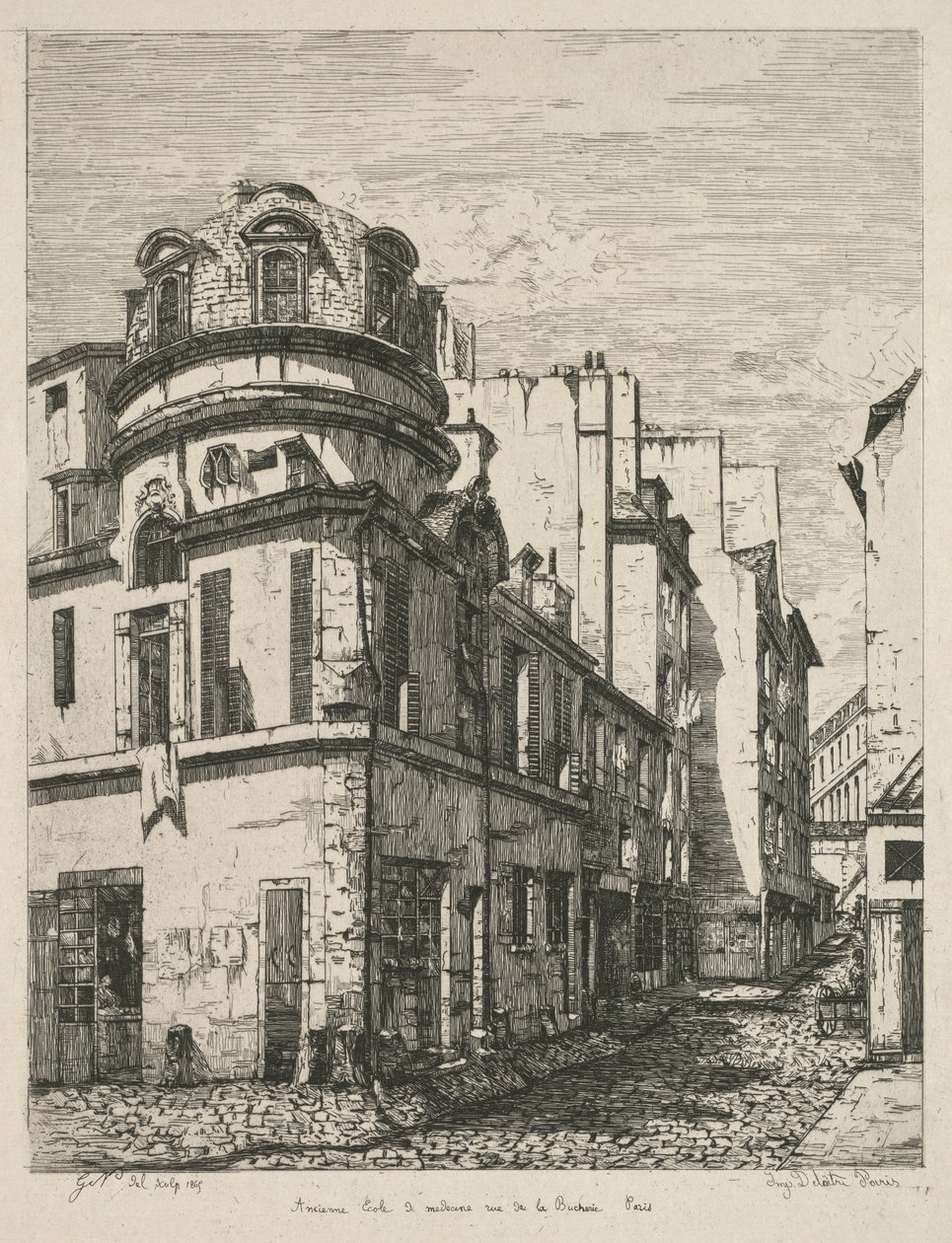 Eaux-Fortes sur le Vieux Paris: Alte medizinische Schule Rue de la Bûcherie, 1865 von Gabrielle Marie Niel