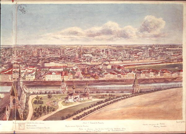 Panorama von Moskau, Darstellung der Kremlmauern und des Flusses Moskwa von Gadolle