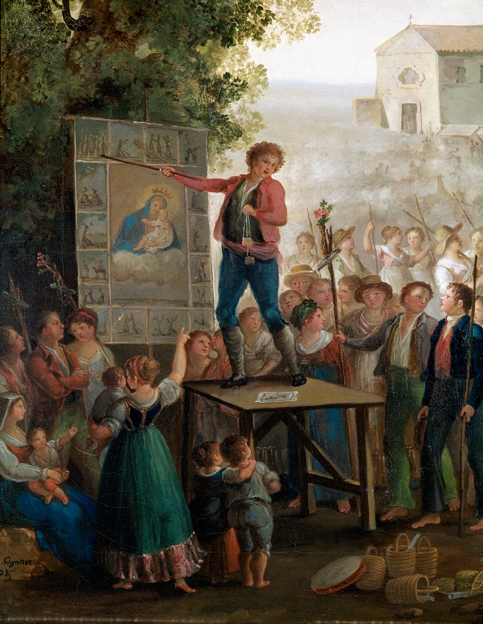 Ein Straßenkünstler singt die Wunder der Jungfrau beim Fest der Madonna dell