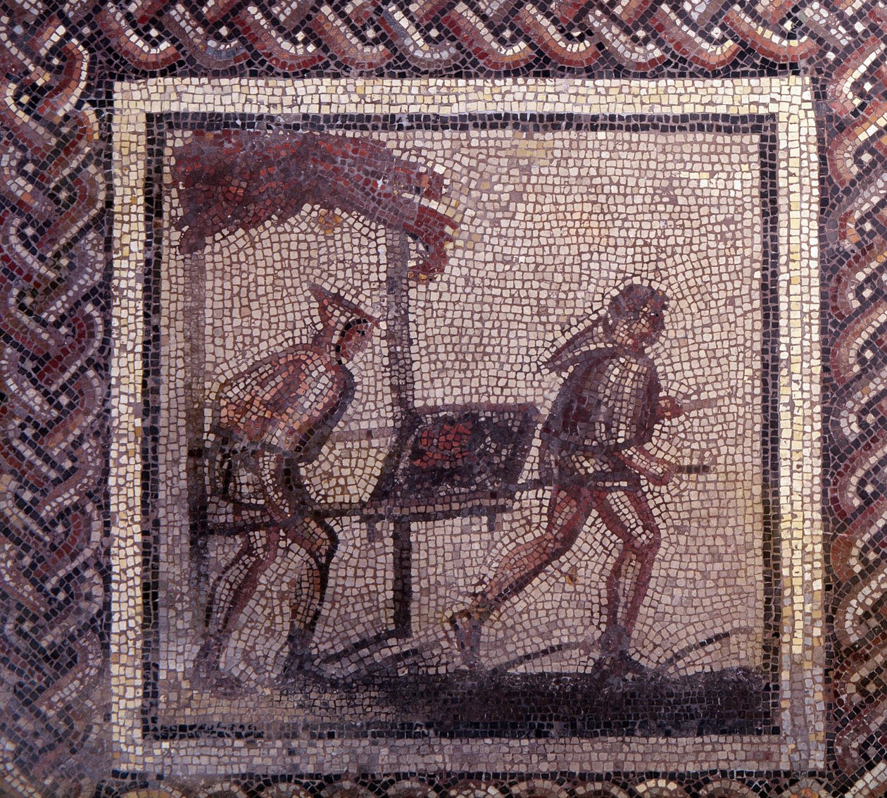 Gallorömische Kunst: Mosaikpflaster, das einen rustikalen Kalender darstellt. Misttransportszene. Ende 2., Anfang 3. Jahrhundert n. Chr. Aus Saint-Romain-en-Gal (Rhône). Saint-Germain-en-Laye, Nationalmuseum für Archäologie von Gallo Roman
