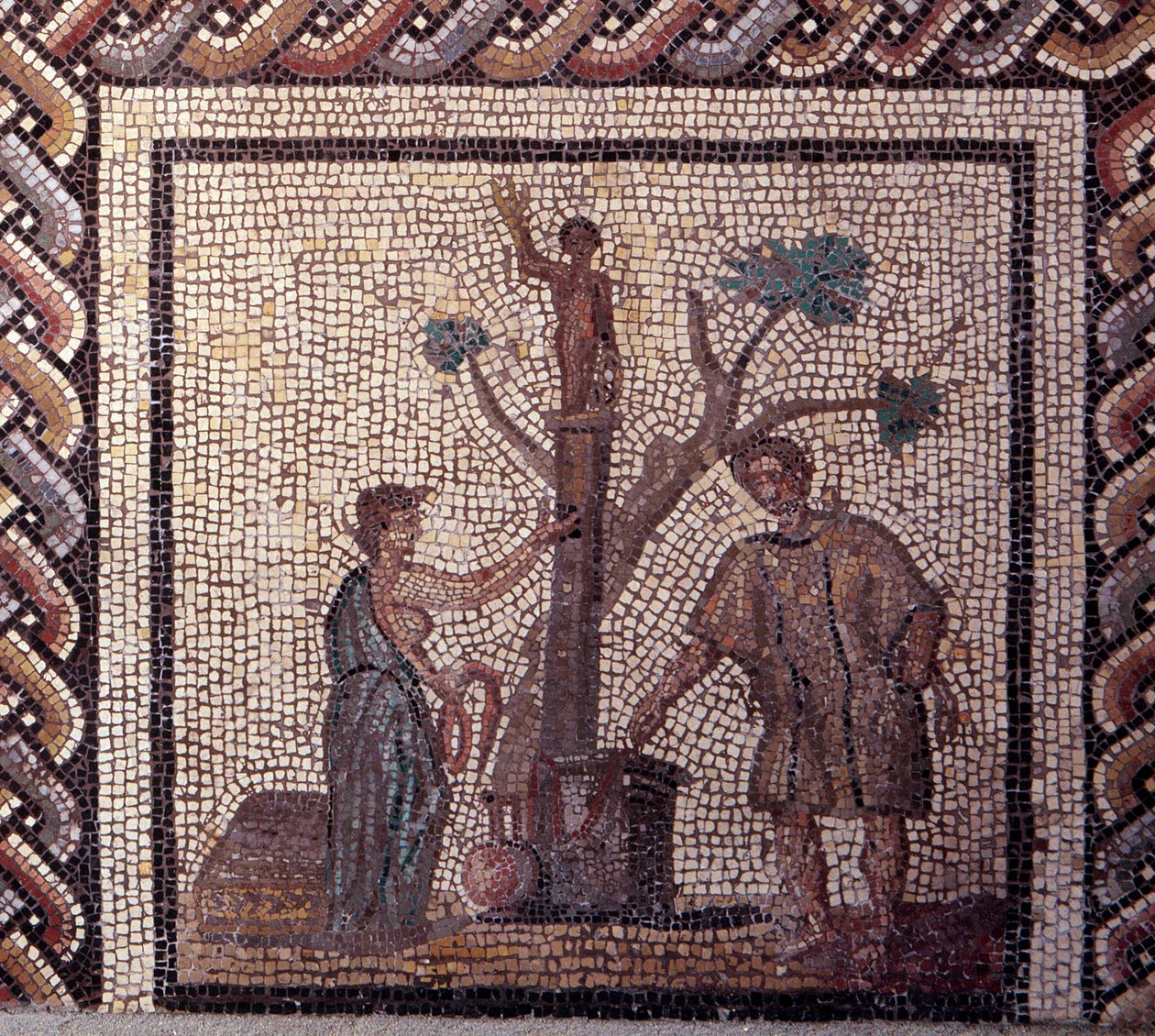 Gallorömische Kunst: Mosaikpflaster, das einen rustikalen Kalender darstellt. Opferszene für Ceres und Apollo. Ende 2. Anfang 3. Jahrhundert n. Chr. Aus Saint-Romain-en-Gal (Rhône). Saint Germain en Laye, Nationalmuseum für Archäologie von Gallo-Roman