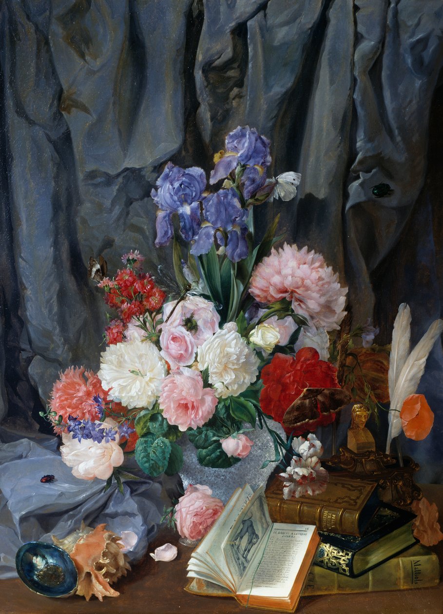 Stillleben mit Vase von Schnittblumen, Muscheln und Büchern von Gaspare Mattioli