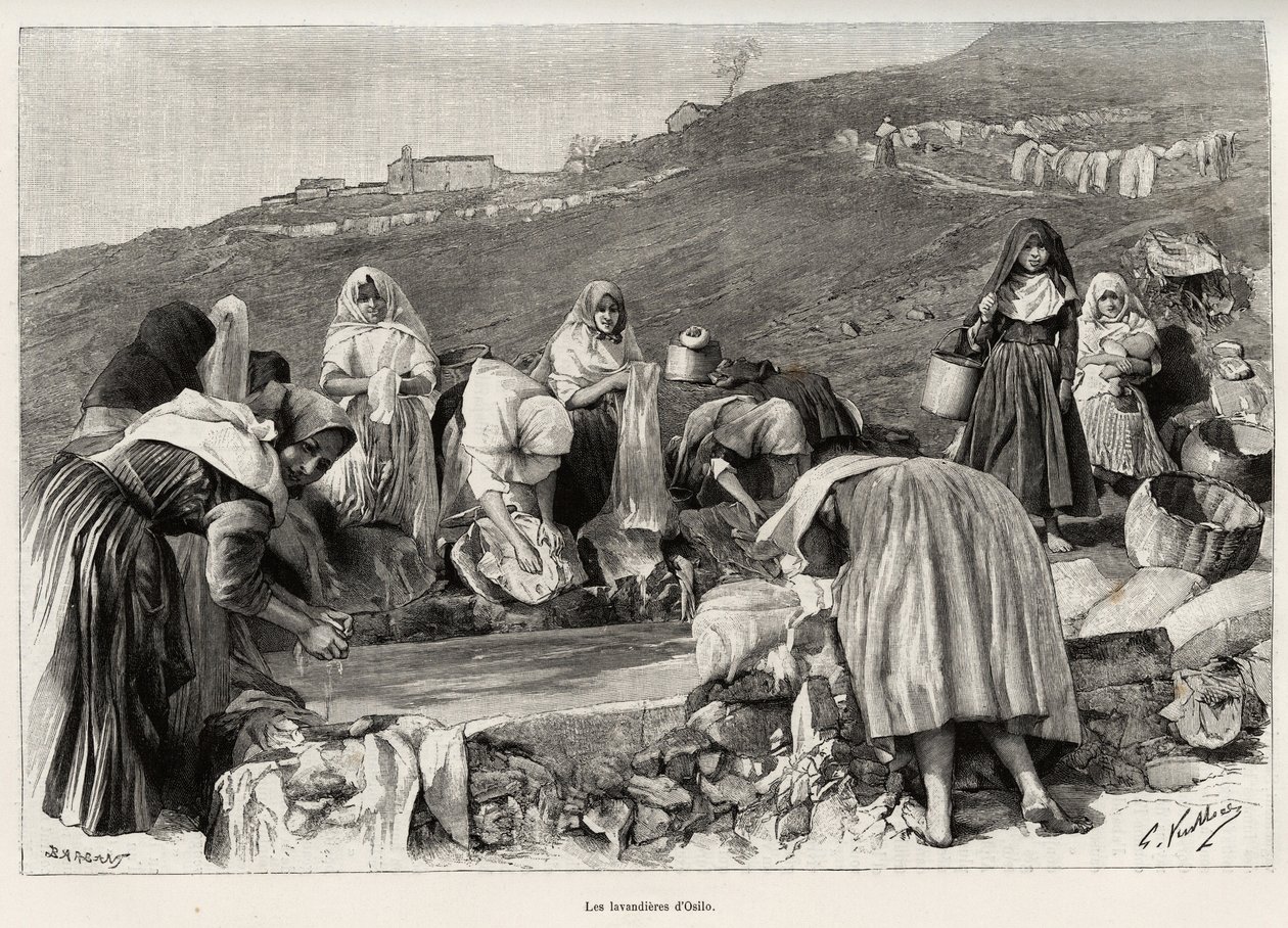 Der Lavendel von Osilo (Italien), Frauen versammelten sich um das Becken. Gravur und Geschichte „La Sardaigne“ von Gaston Vuillier (1845-1915), in 1890, in Le tour du monde, nouveau journal des voyages, unter der Leitung von Edouard Charton (1807-1890), 2. von Gaston Vuillier