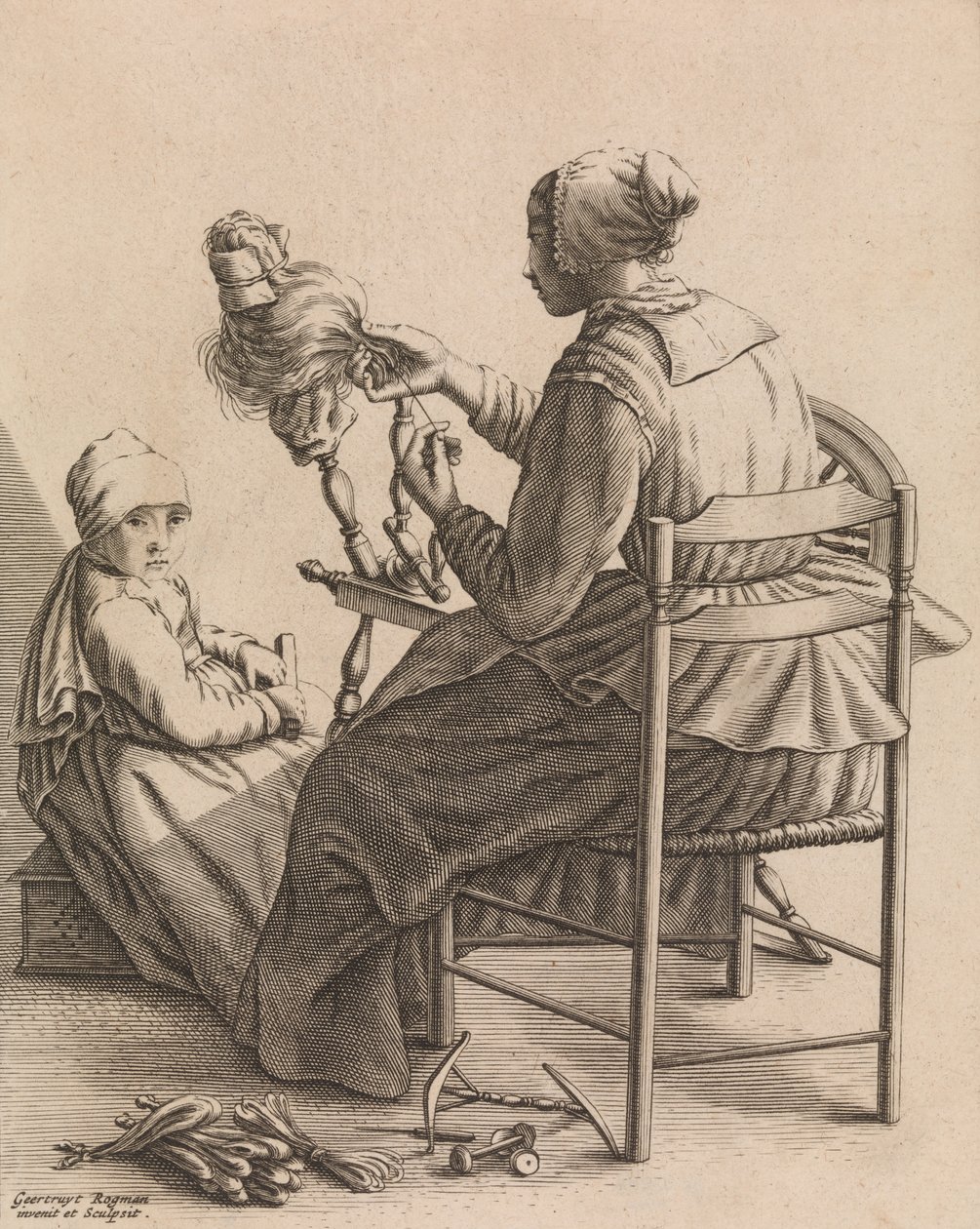 Eine Frau beim Spinnen, Tafel 4 aus Fünf weibliche Tätigkeiten, ca. 1640-57 von Geertruydt Roghman