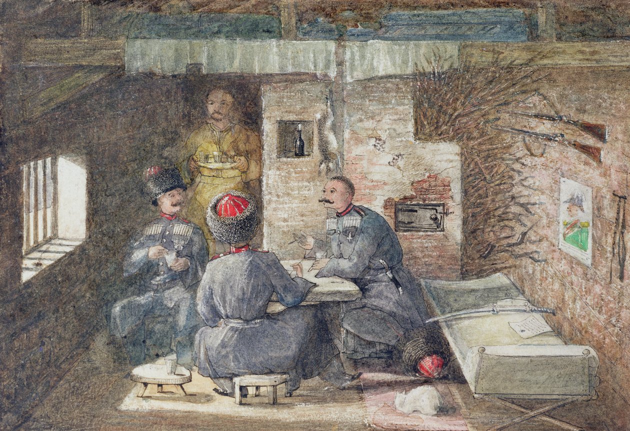 Innenraum einer Kosakenhütte in Russland, 12 Meilen westlich von Kertsch, 1855 von General E.W. Wray