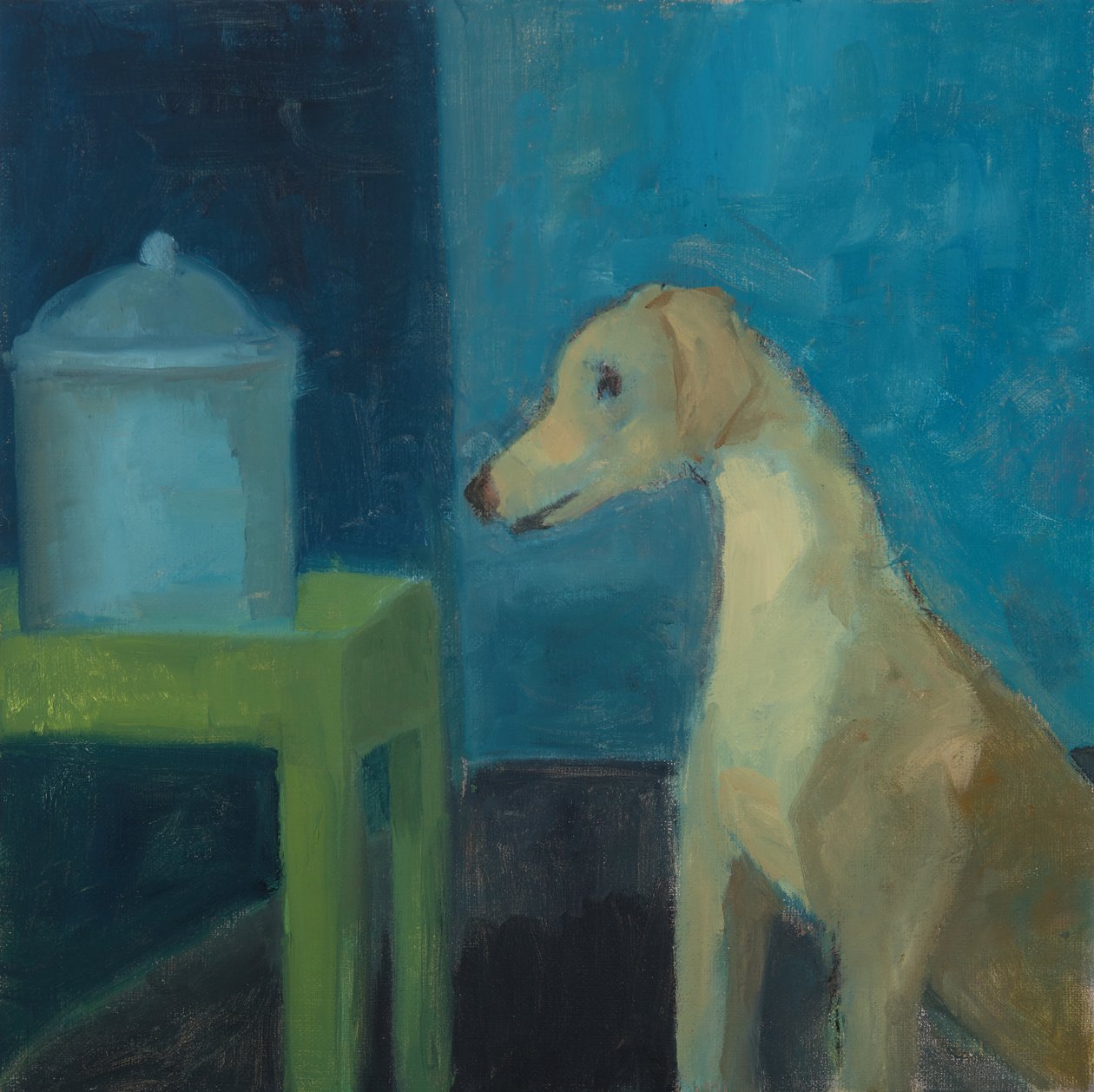 Gelber Hund mit Keksdose, 2020 von Genevieve French