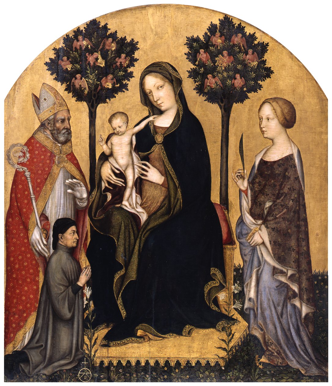 Thronende Maria mit dem Kind, dem heiligen Nikolaus von Bari, der heiligen Katharina von Alexandrien und einem Stifter von Gentile da Fabriano
