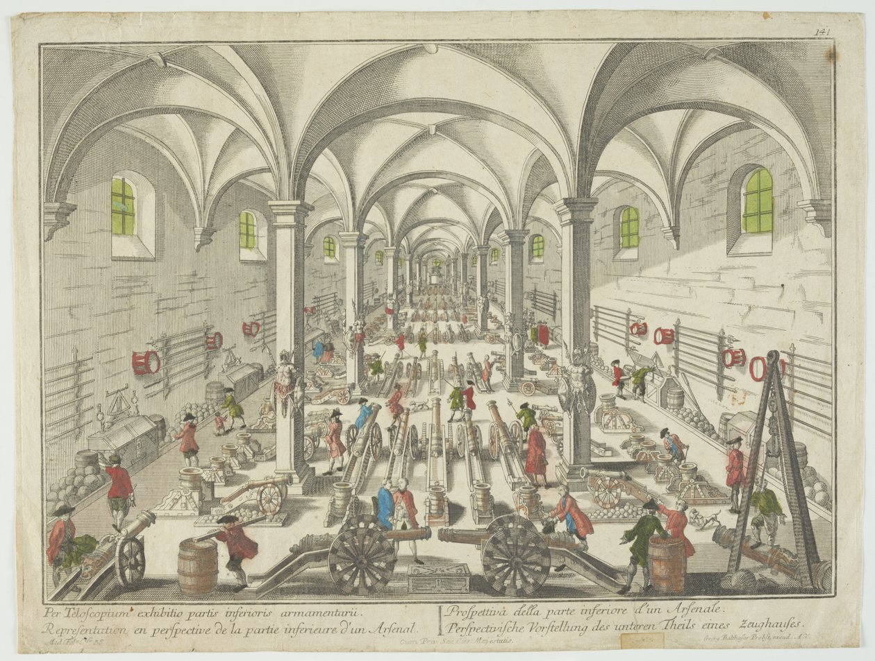 Per telecopium exhibitio partis inferioris armamentarii, Darstellung in Perspektive des unteren Teils eines Arsenals, um 1750 von Georg Balthasar Probst