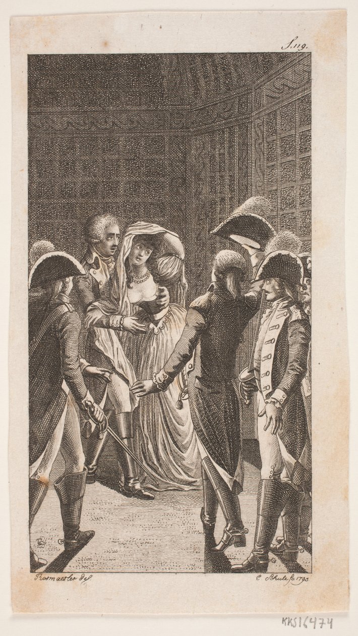 Illustration mit fünf Militärpersonen und einer Dame von Georg Christian Schule