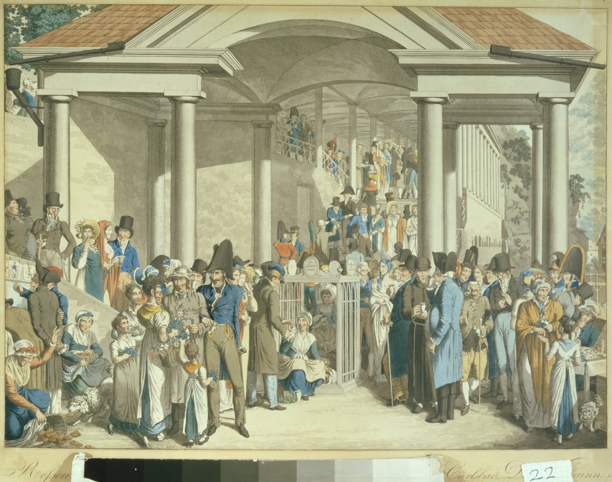 Gesundheitsgemeinschaft am Karlsbader Brunnen, 1810 (Aquatinta-Zeichnung) von Georg Emanuel Opitz