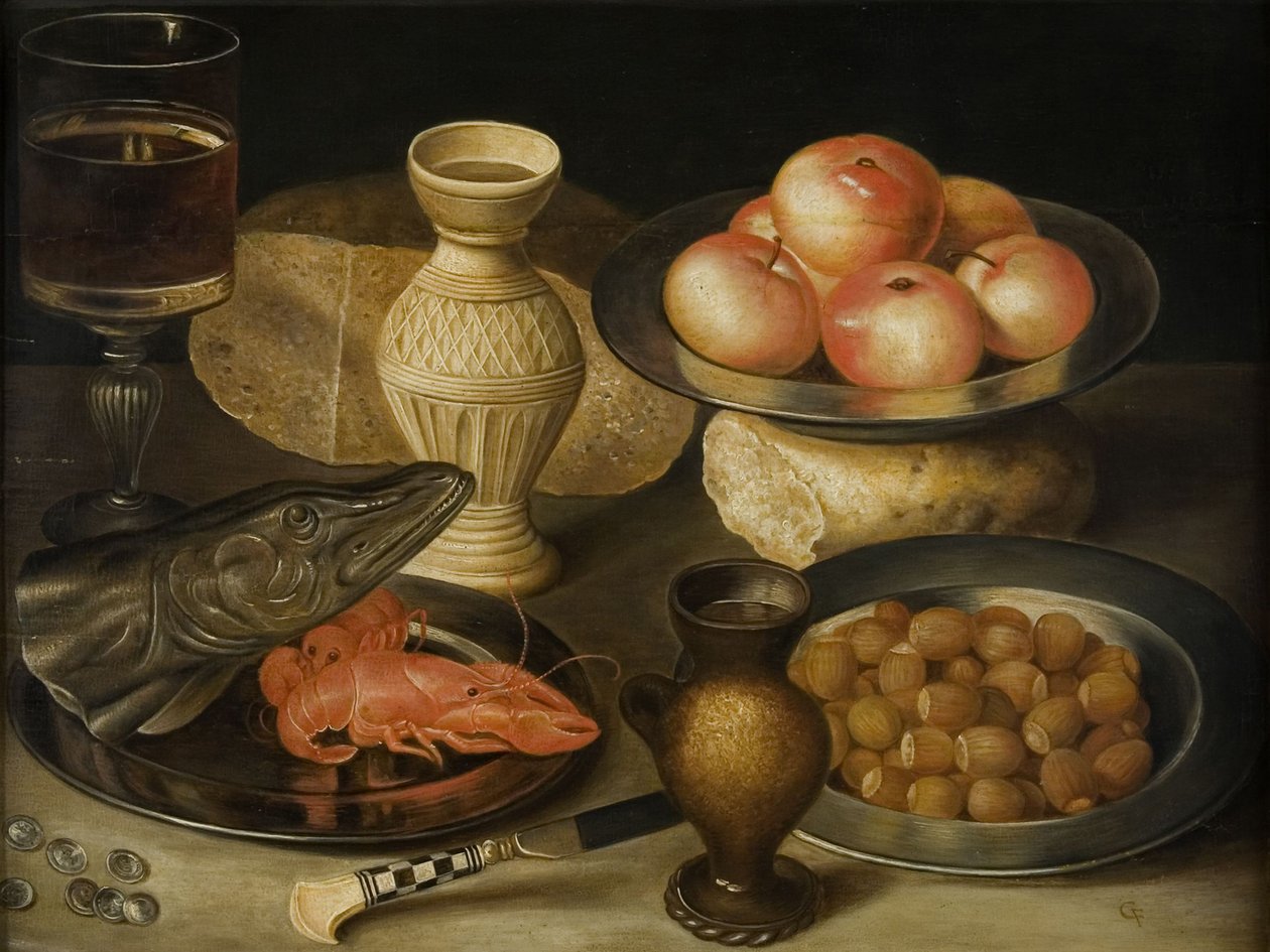 Stillleben mit Siegburger Steinzeugkrug, Glas, Messer, zwei Broten, frühes 17. Jahrhundert von Georg Flegel