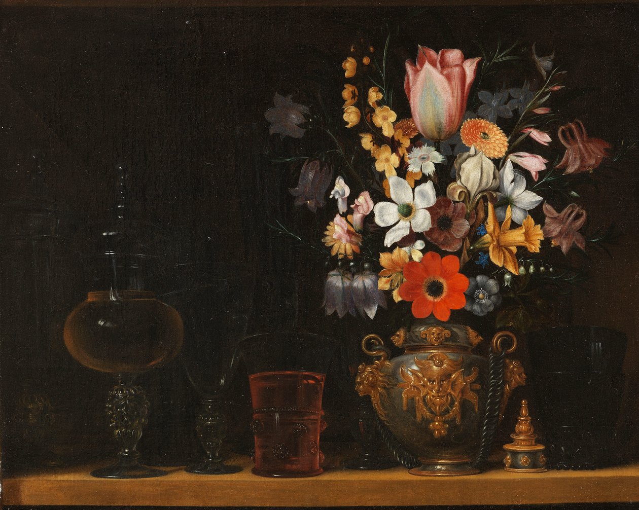 Stillleben mit einem Blumenstrauß und Glaspokalen von Georg Flegel