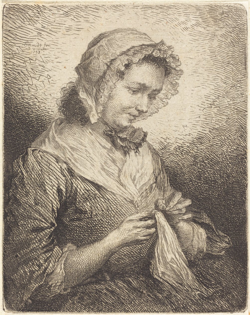 Die Frau des Künstlers beim Nähen von Georg Friedrich Schmidt