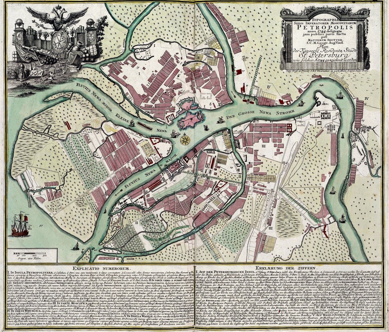 Karte von Sankt Petersburg (Russland) - Matthaeus Seutter, Gravur und Aquarell von Georg Matthäus Seutter