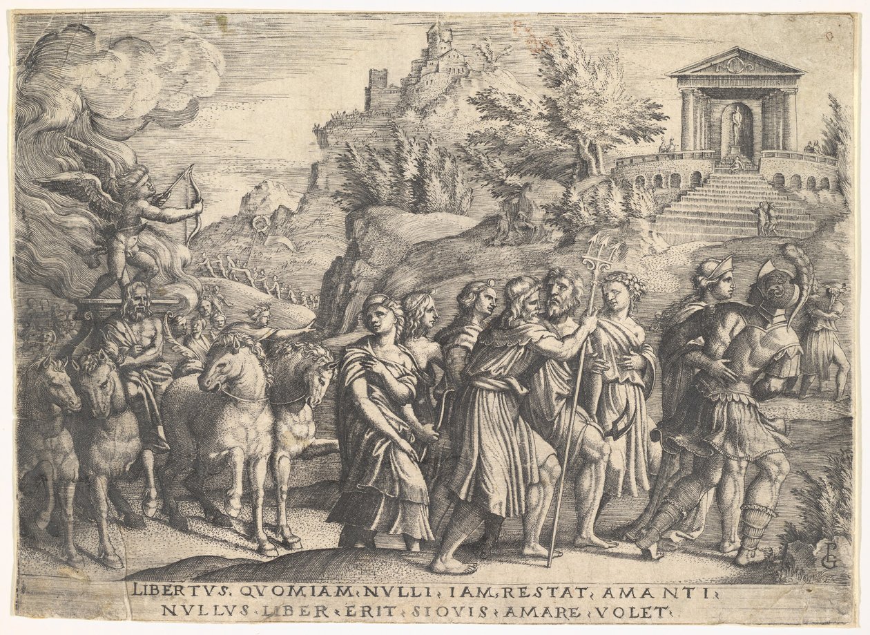 Triumph der Liebe: vier Pferde ziehen eine Kutsche mit Amor, der auf einer rauchenden Plattform steht, ca. 1539 von Georg Pencz