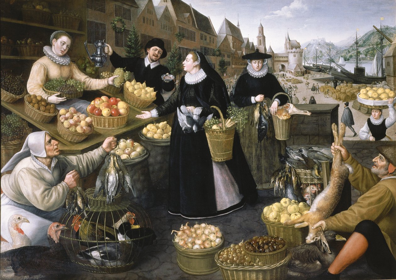 Eine Allegorie des Herbstes: ein Obst- und Gemüsestand über dem Weinmarkt in Frankfurt am Main von Georg and Valkenborch Lucas Van Flegel