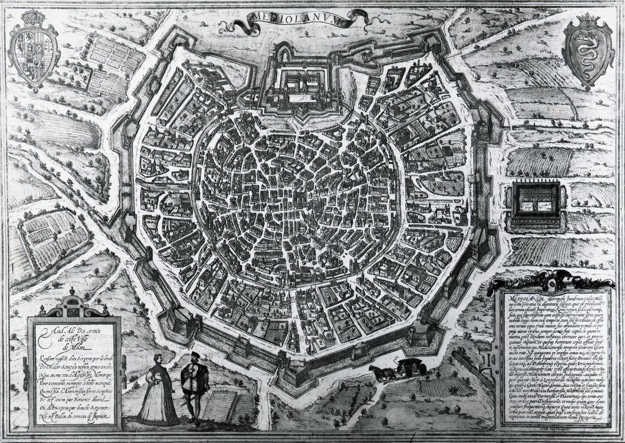 Stadtplan von Mailand, 1572, von Antonio Lafreri (1512-1577), veröffentlicht von Georg Braun und Franz Hogenberg, Italien von Georg Braun and Hogenberg Franz