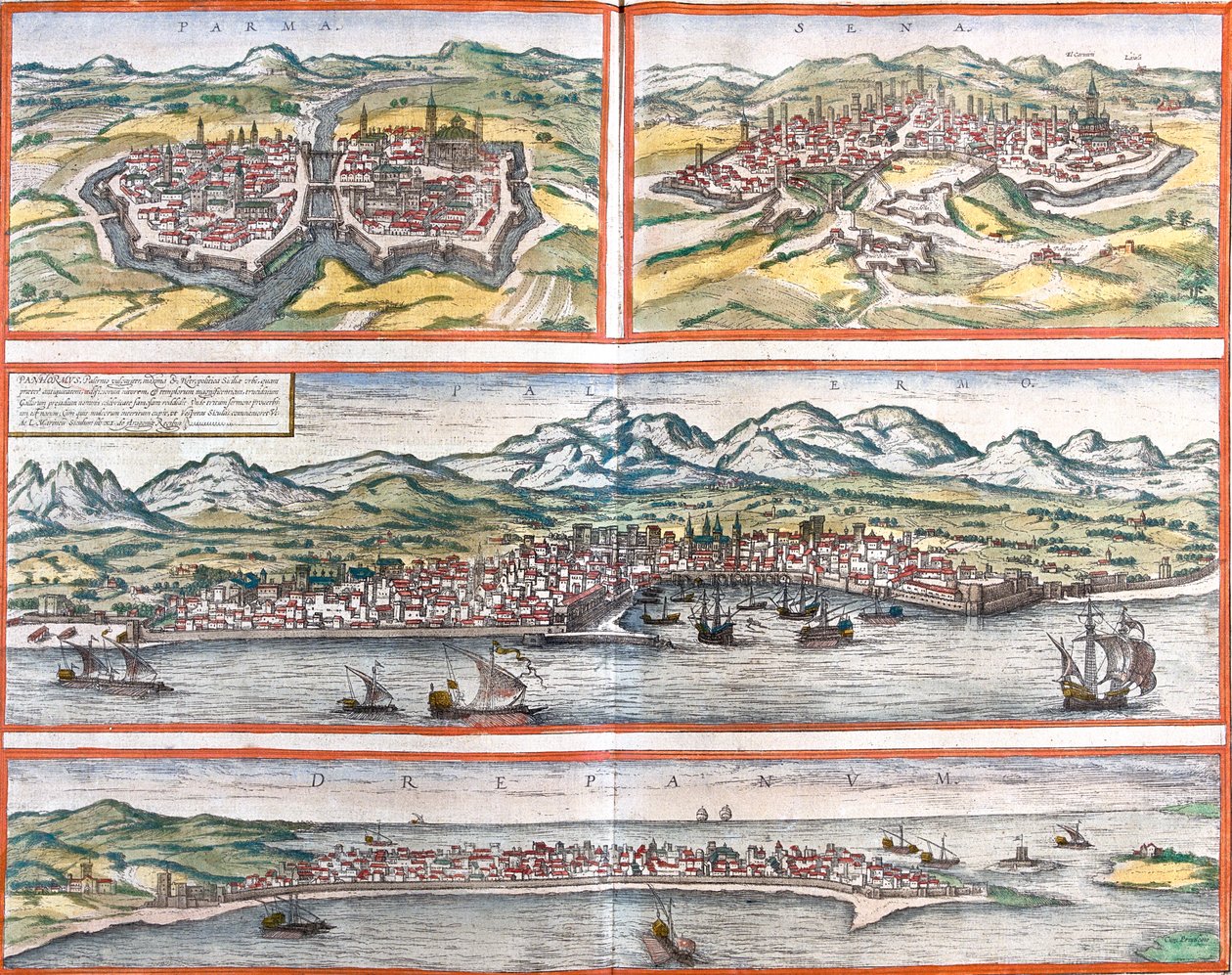 Parma, Siena, Palermo, Trapani, Italien von Georg and Hogenberg Franz (1535 90) Braun
