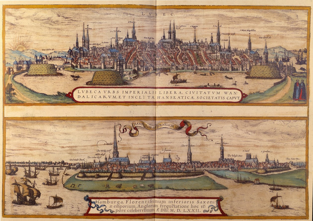 Oben Ansicht der Stadt Lübeck, unten die Stadt Hamburg in Deutschland. Gravur aus dem Atlas von „Braun und Hogenberg“ 1572 von Georg Braun and Hogenberg Franz