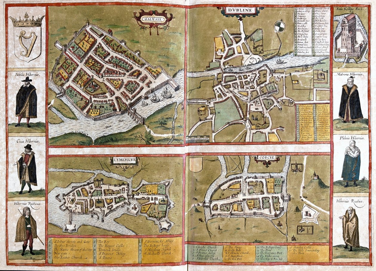 Galway, Dublin, Limerick und Cork, Irland (Stich) von Georg Braun and Hogenberg Franz