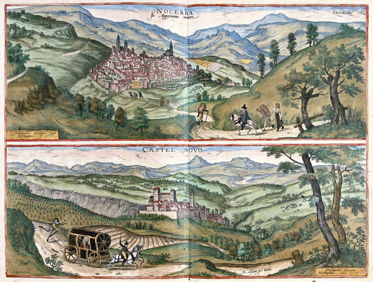 Nocera Umbra (Provinz Perugia) und Castelnuovo di Porto (Region Rom), Italien von Georg Braun and Hogenberg Franz