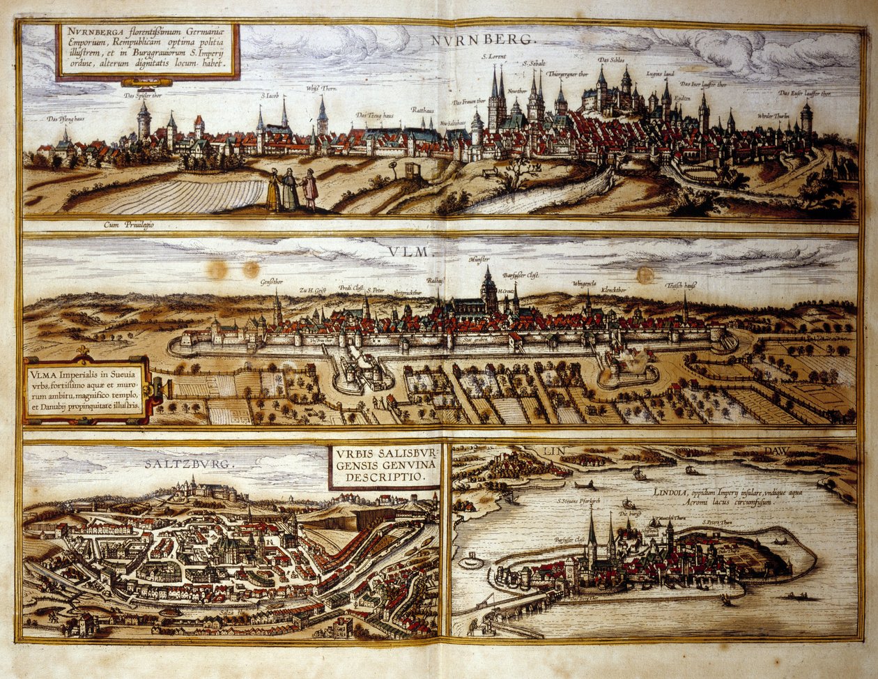 Ansicht der deutschen Städte Nürnberg und Ulm, Salzburg, Österreich. Gravur aus dem Atlas von „Braun und Hogenberg“ 1572 von Georg Braun and Hogenberg Franz