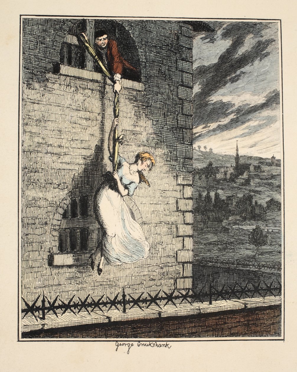 Jack Sheppard in Begleitung von Edgeworth Bess, Flucht aus dem Gefängnis von Clerkenwell, Illustration aus Jack Sheppard: Eine Romanze von William Harrison Ainsworth, veröffentlicht 1839 von George Cruikshank