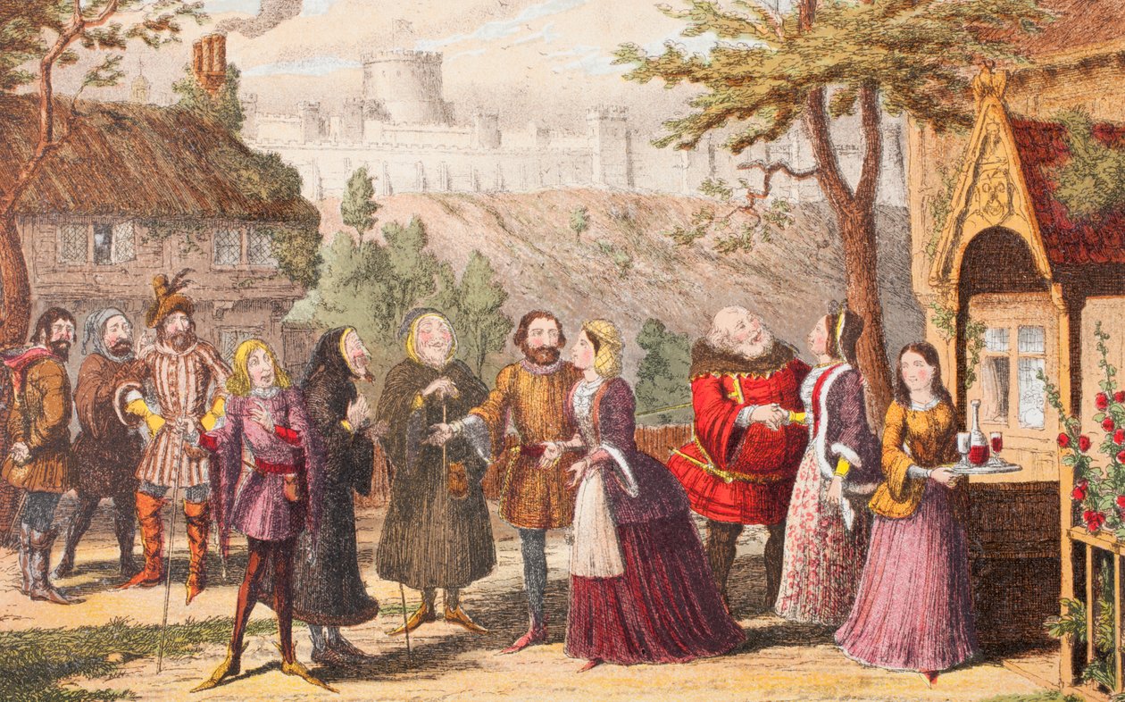 Sir John Falstaff bei einem Besuch seines Freundes Page in Windsor, Illustration aus Die lustigen Weiber von Windsor, aus 