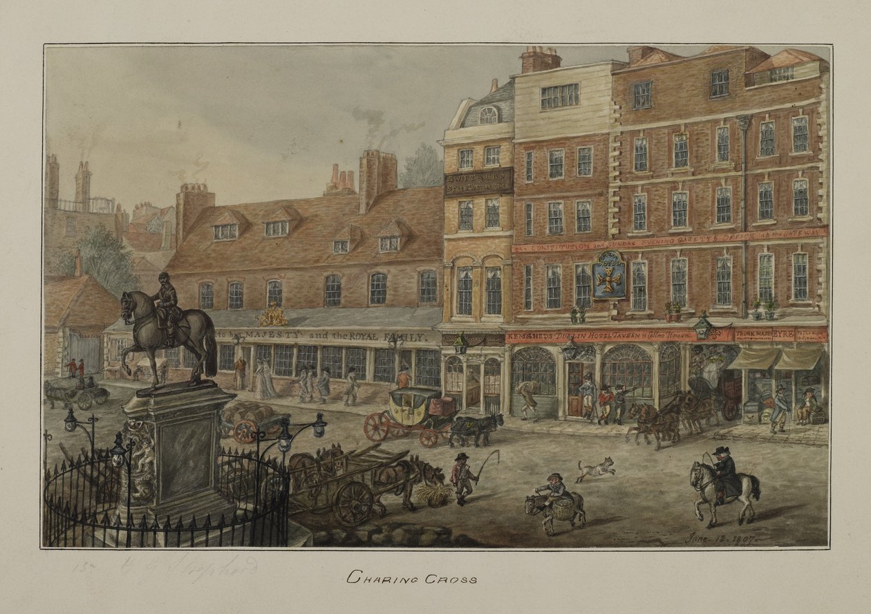 Ansicht von Charing Cross mit Pferdekutschen, Figuren und dem Dublin Hotel Tavern und Coffee House von George Shepherd