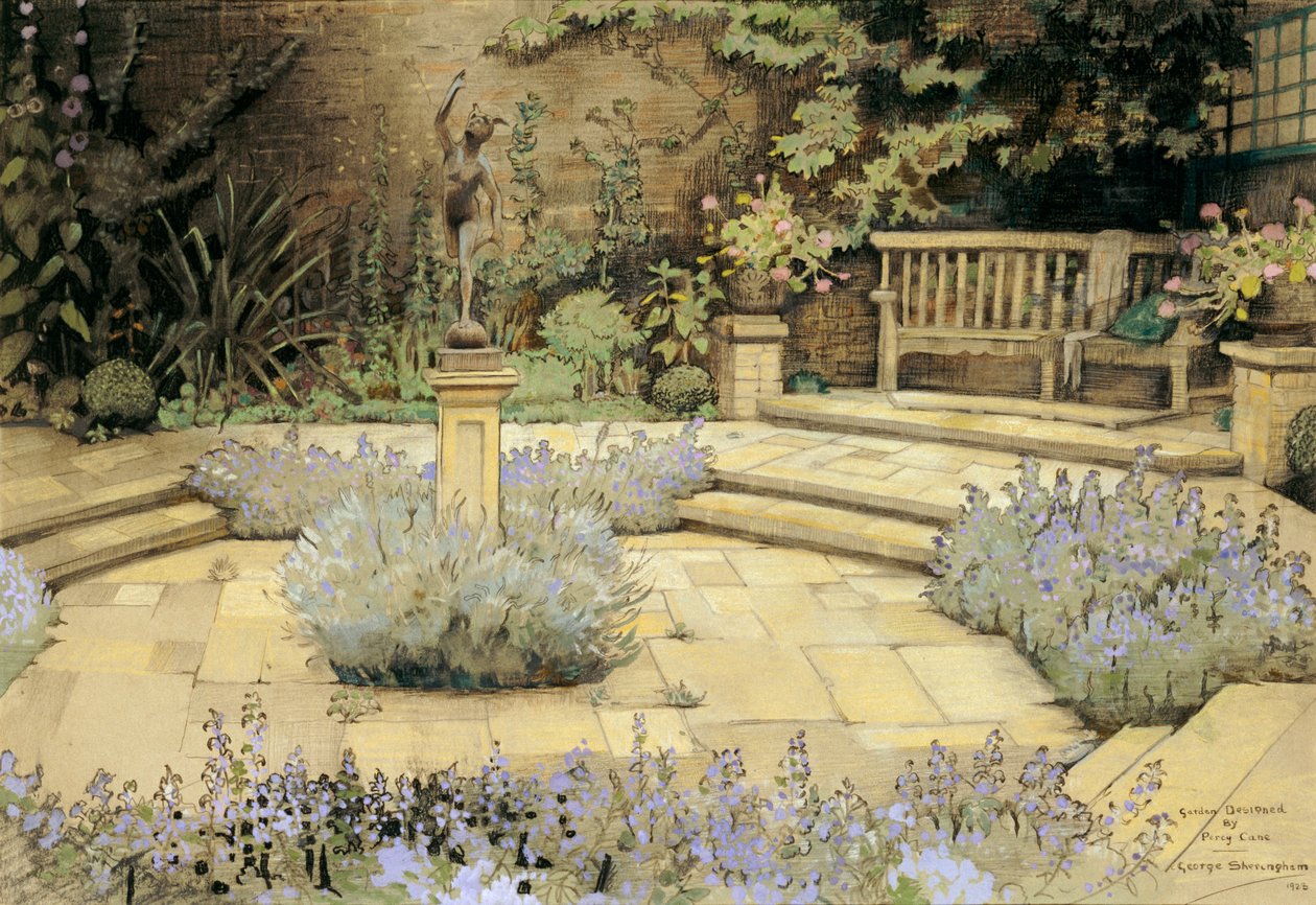 Ansicht eines gepflasterten Gartens mit Lavendelbeeten, entworfen von Percy Can, 1923 von George Sheringham
