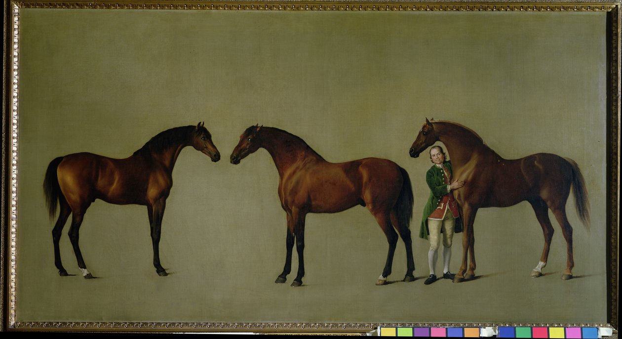 Whistlejacket und zwei andere Hengste mit Simon Cobb, dem Stallmeister, 1762 von George Stubbs