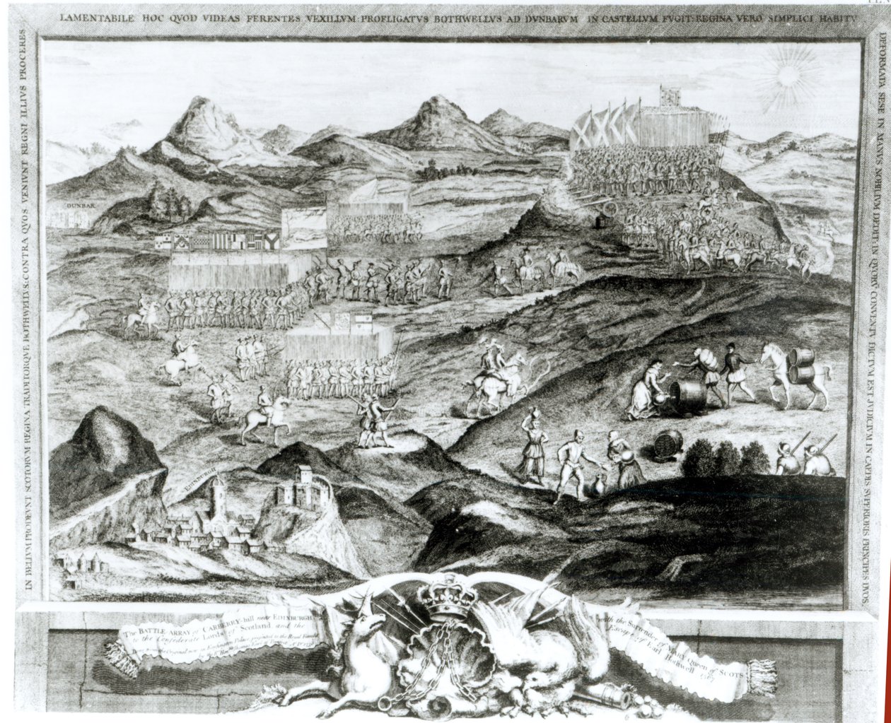 Die Schlachtordnung von Carberry Hill bei Edinburgh mit der Kapitulation von Maria Stuart an die konföderierten Lords von Schottland und der Flucht von Earl Bothwell, 1567, graviert vom Künstler, 1743 von George Vertue