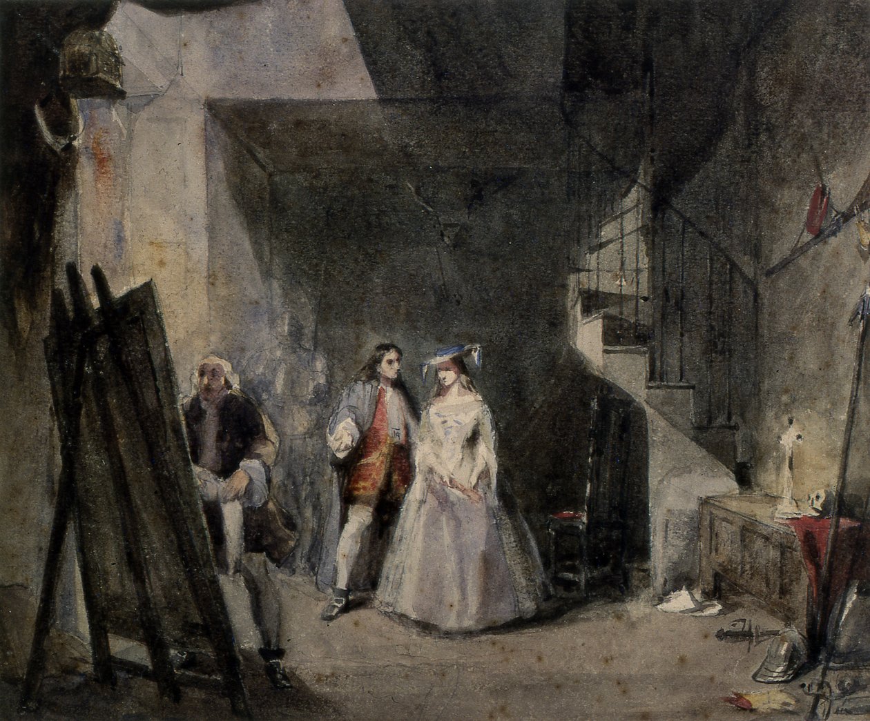 Innenraum eines Künstlerateliers mit Figuren in Kostümen des 18. Jahrhunderts von George attr. to Cattermole