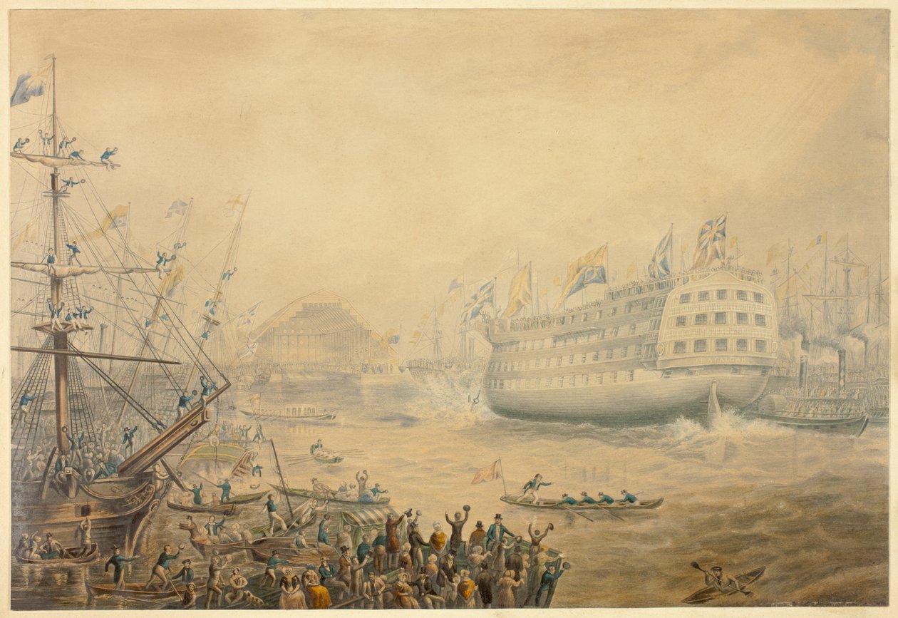 Der Stapellauf der Trafalgar von George Baxter