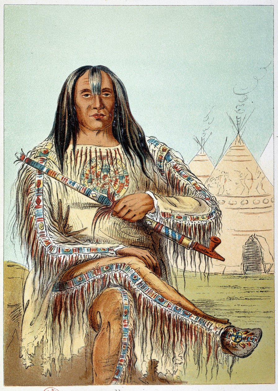 Indianer Amerikas: Porträt eines Anführers des Blackfoot-Stammes, etwa 50 Jahre alt. Illustration von George Catlin von George Catlin