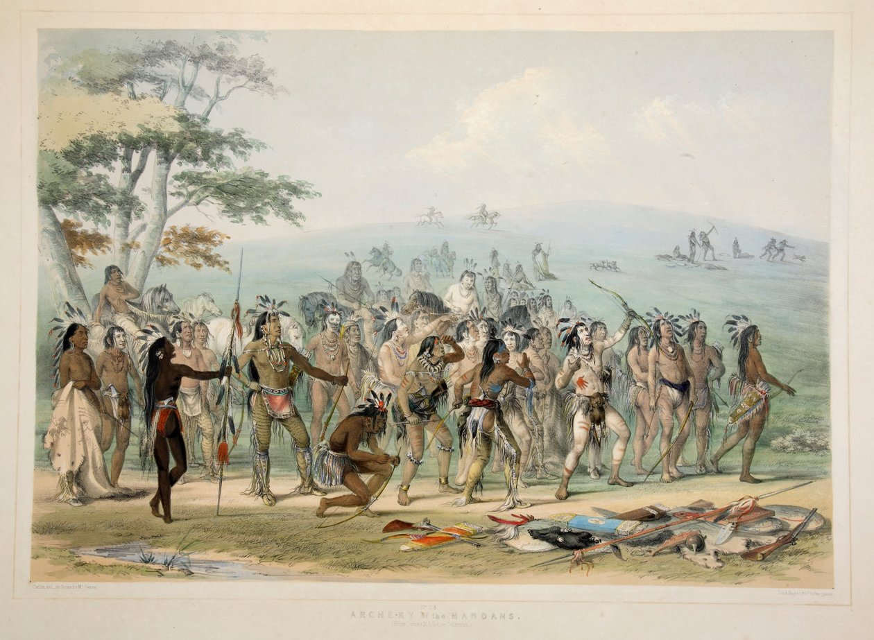 Bogenschießen der Mandans, veröffentlicht 1845, Farblithographie von George Catlin