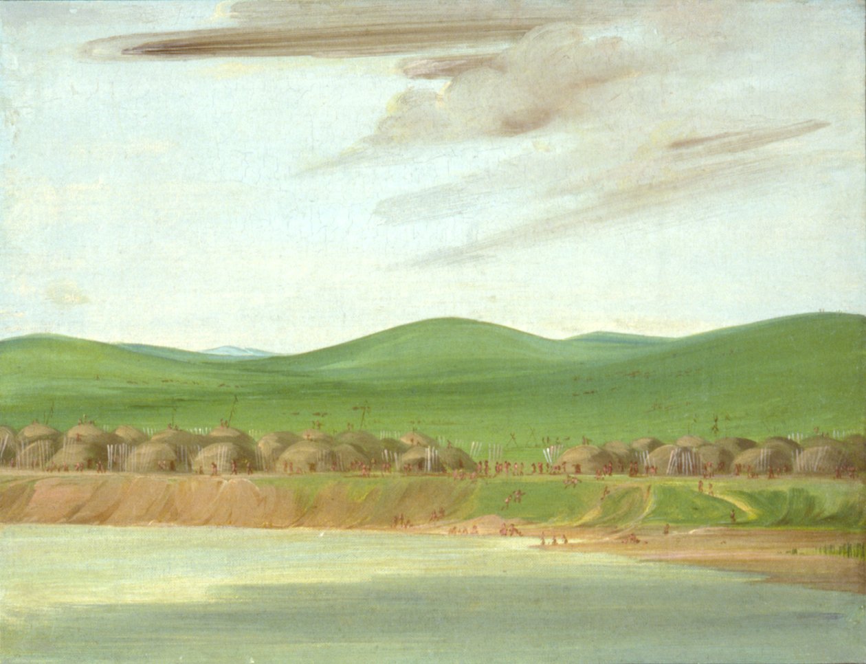 Arikara-Dorf mit erdbedeckten Hütten, 1600 Meilen oberhalb von St. Louis, 1832 von George Catlin