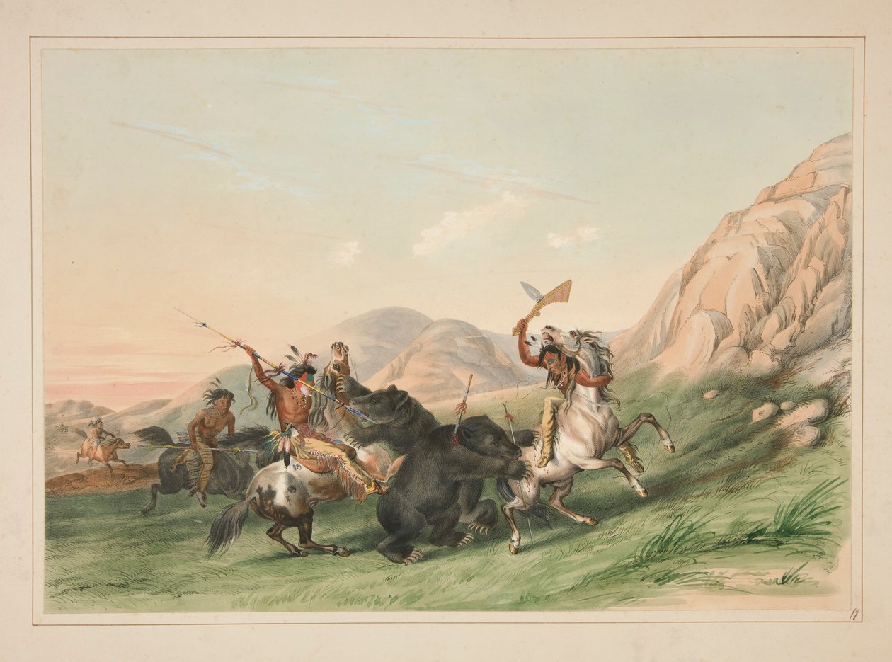 Angriff auf den Grizzlybären, pl. 19 aus dem Nordamerikanischen Indianer-Portfolio von George Catlin