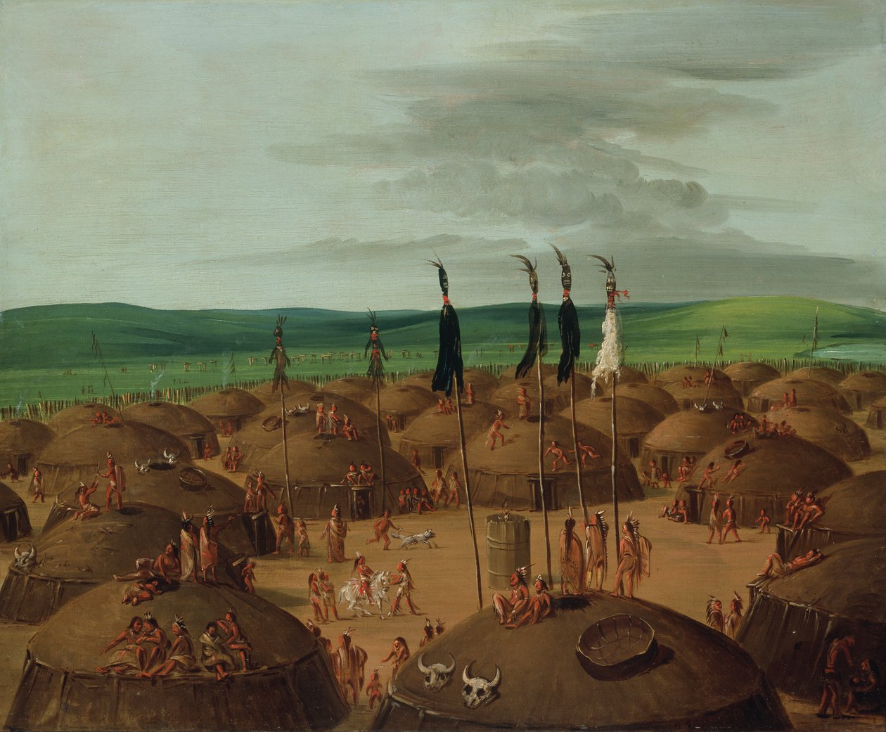 Vogelperspektive des Mandan-Dorfes, 1800 Meilen oberhalb von St. Louis, 1837-1839 von George Catlin