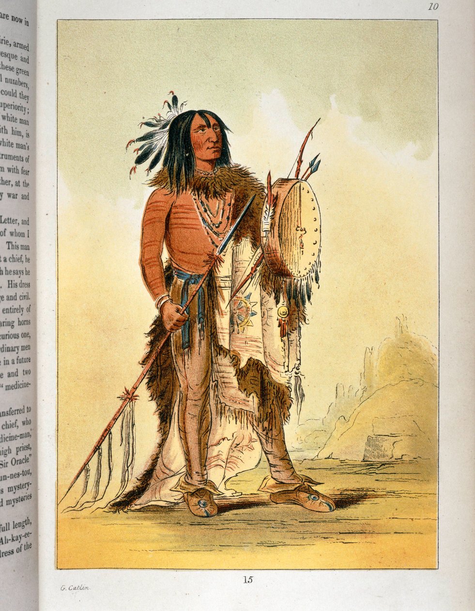 Indianischer Blackfoot-Schamane mit Tamburin und Speer von George Catlin