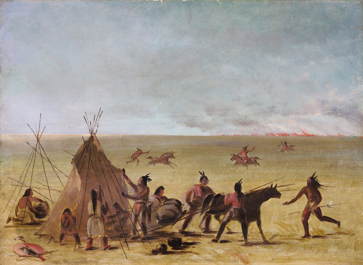 Indianische Familie alarmiert durch das Herannahen eines Präriefeuers von George Catlin