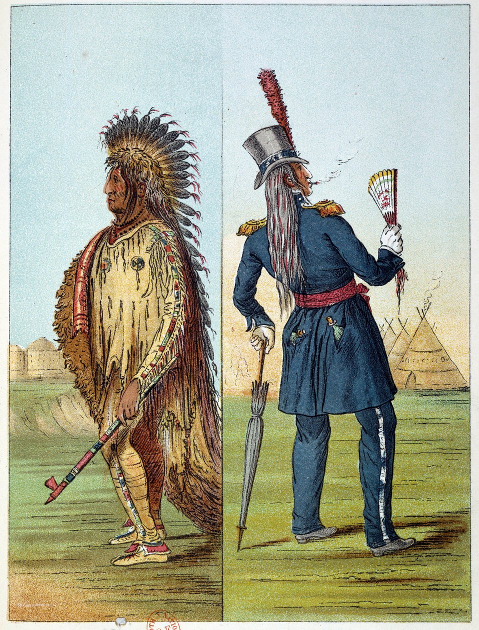 Indianer Amerikas: Assiniboin-Indianer in Militärkleidung mit zwei Flaschen Whisky in seinen Taschen. Illustration von George Catlin (1794-1872) von George Catlin